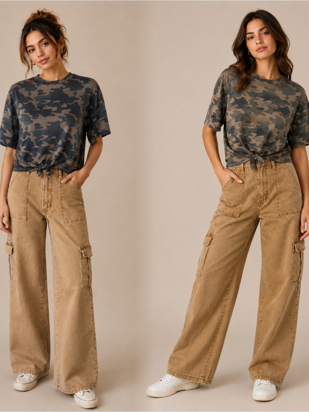 LA Girl Wide Leg Cargo Pants in Tan with Camouflage Top